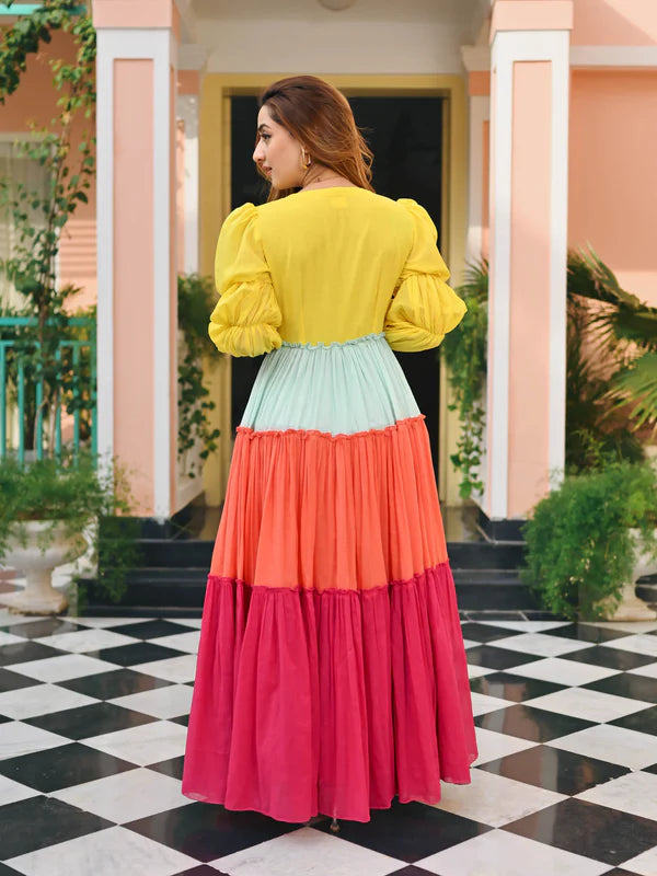 Candy Sunset Multicolor Tiered Cotton Flared Dress
