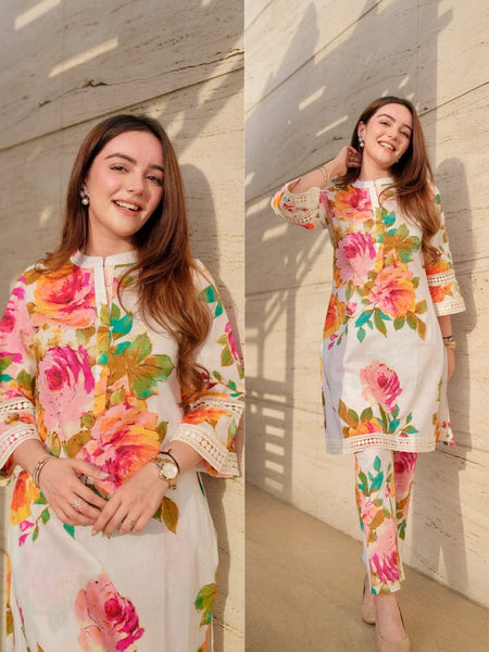Rosé Garden Floral Kurta Pant Set