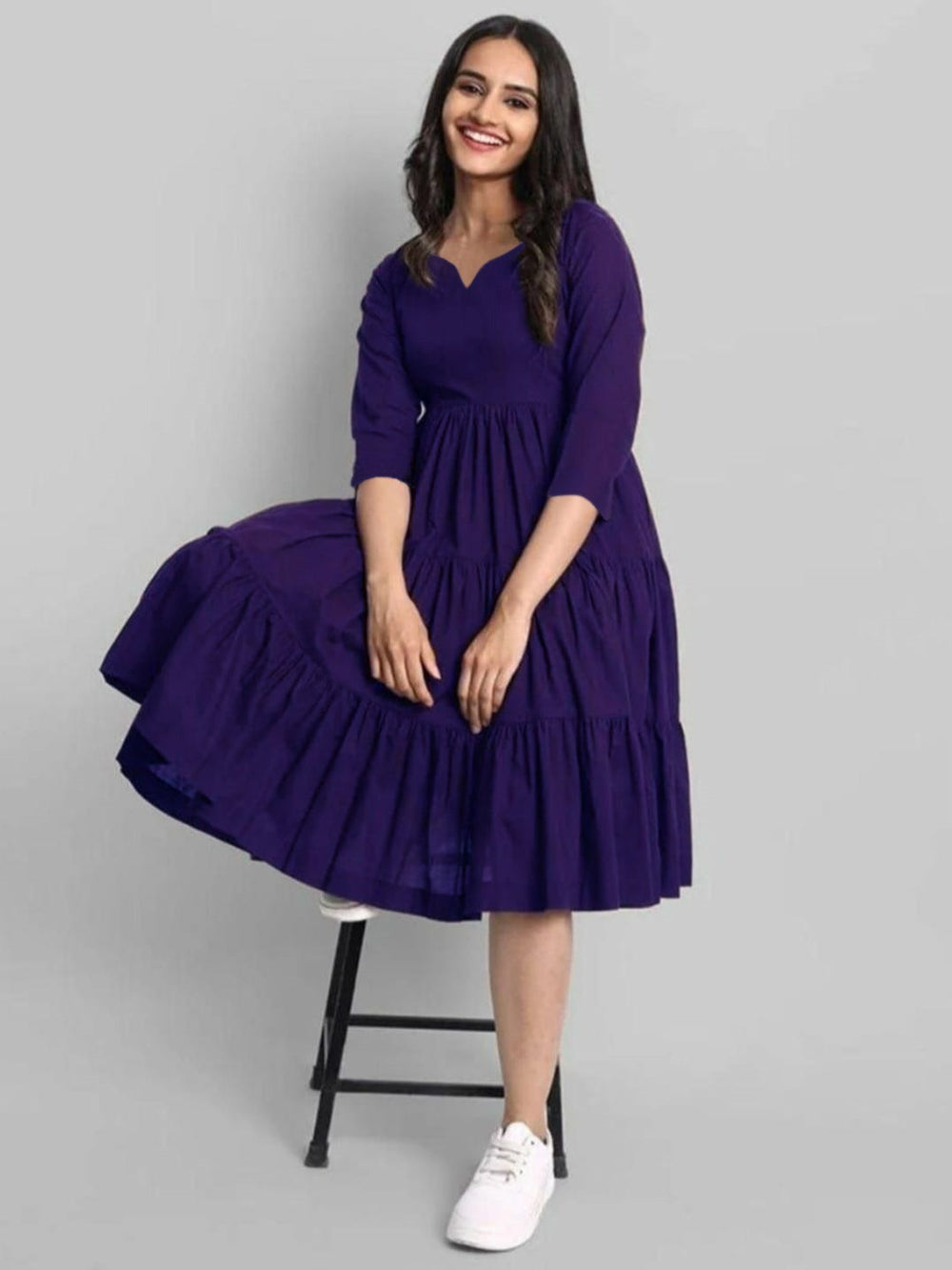 Royal Plum Tiered Cotton Midi Dress