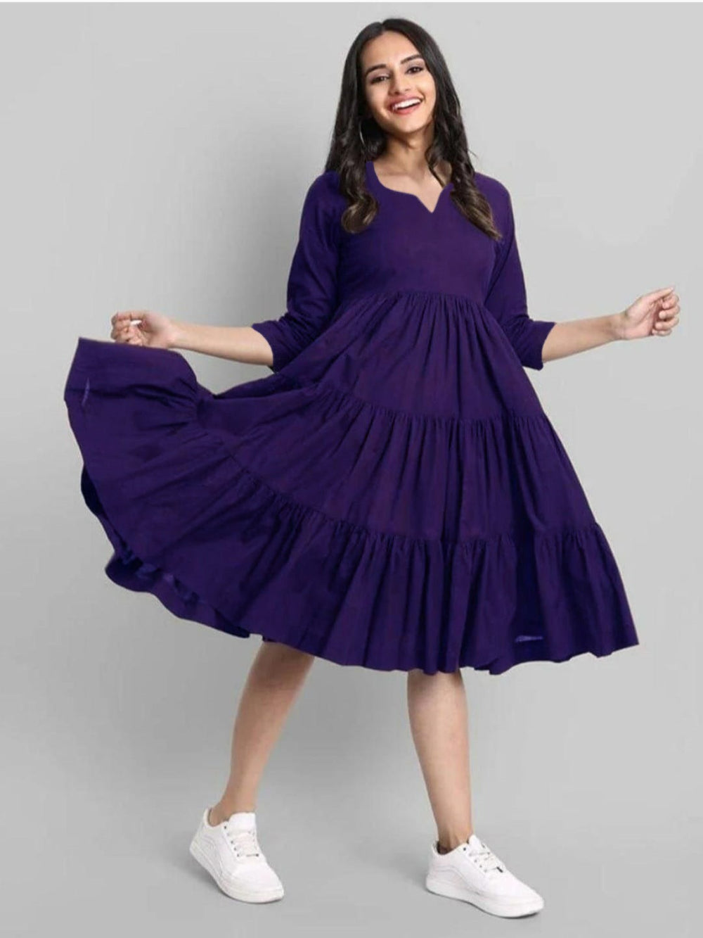 Royal Plum Tiered Cotton Midi Dress