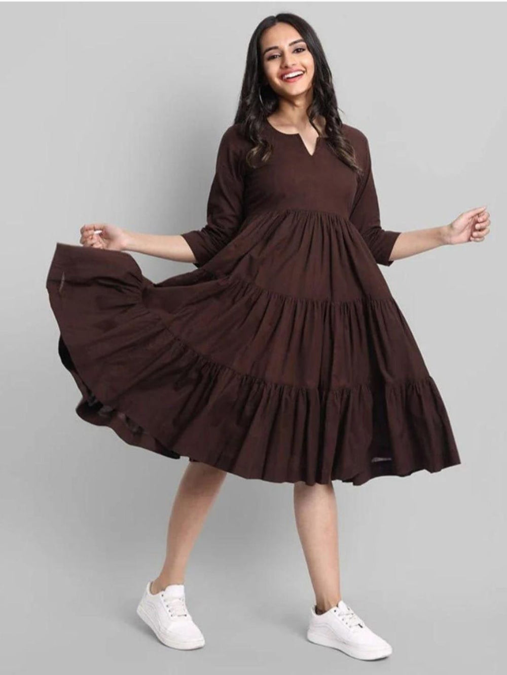 Brown Breeze Tiered Cotton Midi Dress