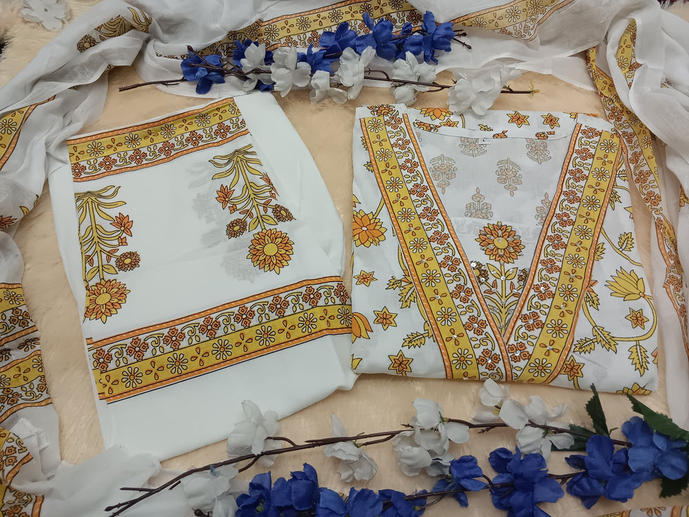 Saffron Garden Handblock Print Suit Set with Dupatta