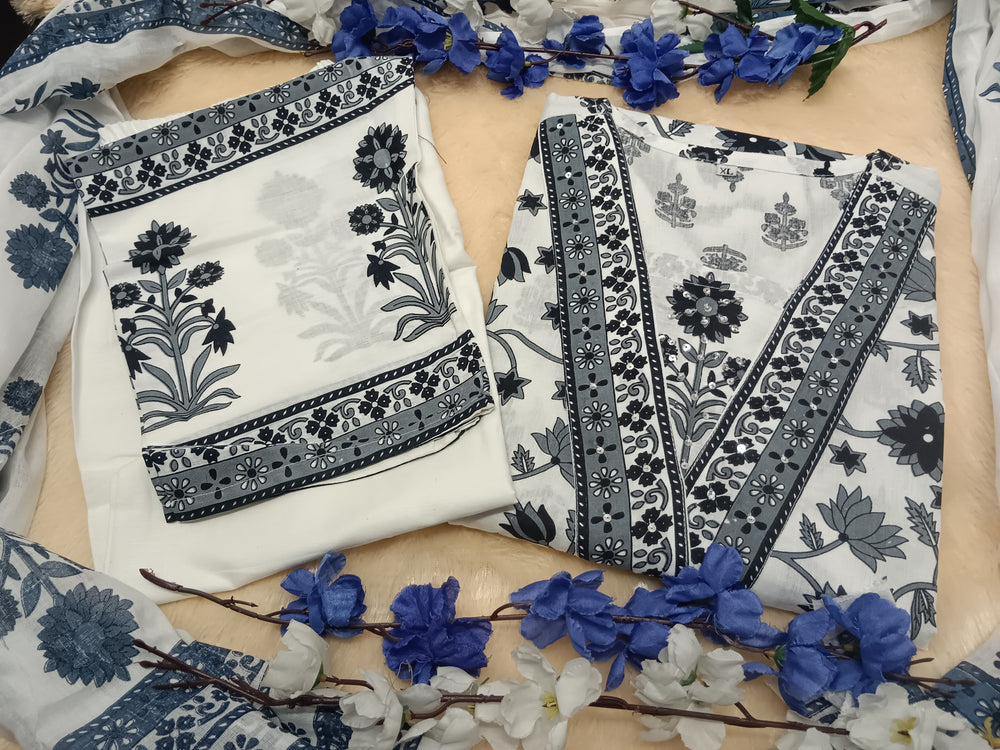 Ivory Noir Handblock Print Suit Set with Dupatta