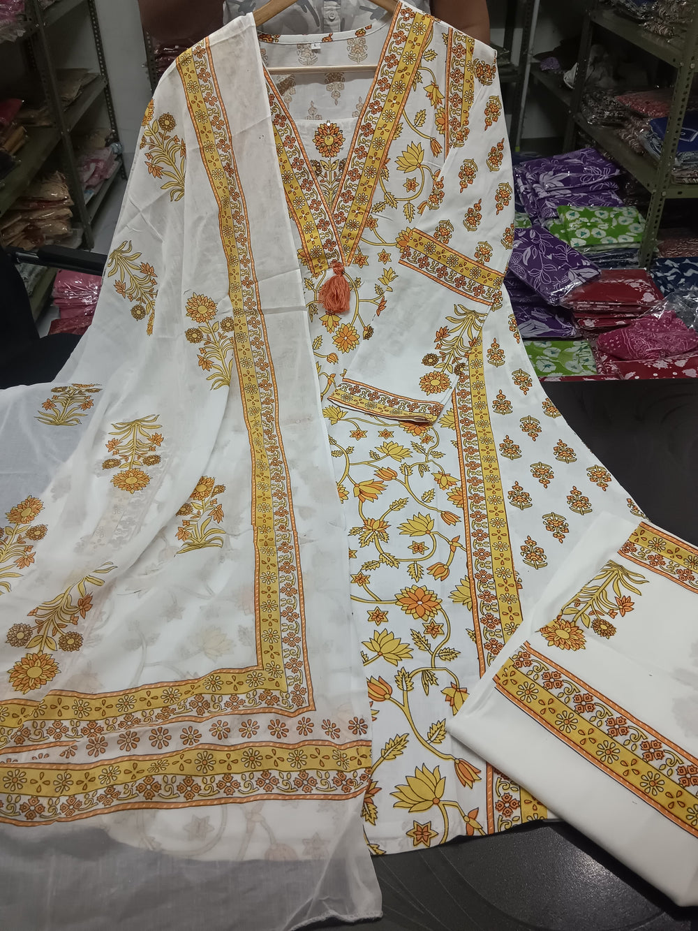 Saffron Garden Handblock Print Suit Set with Dupatta