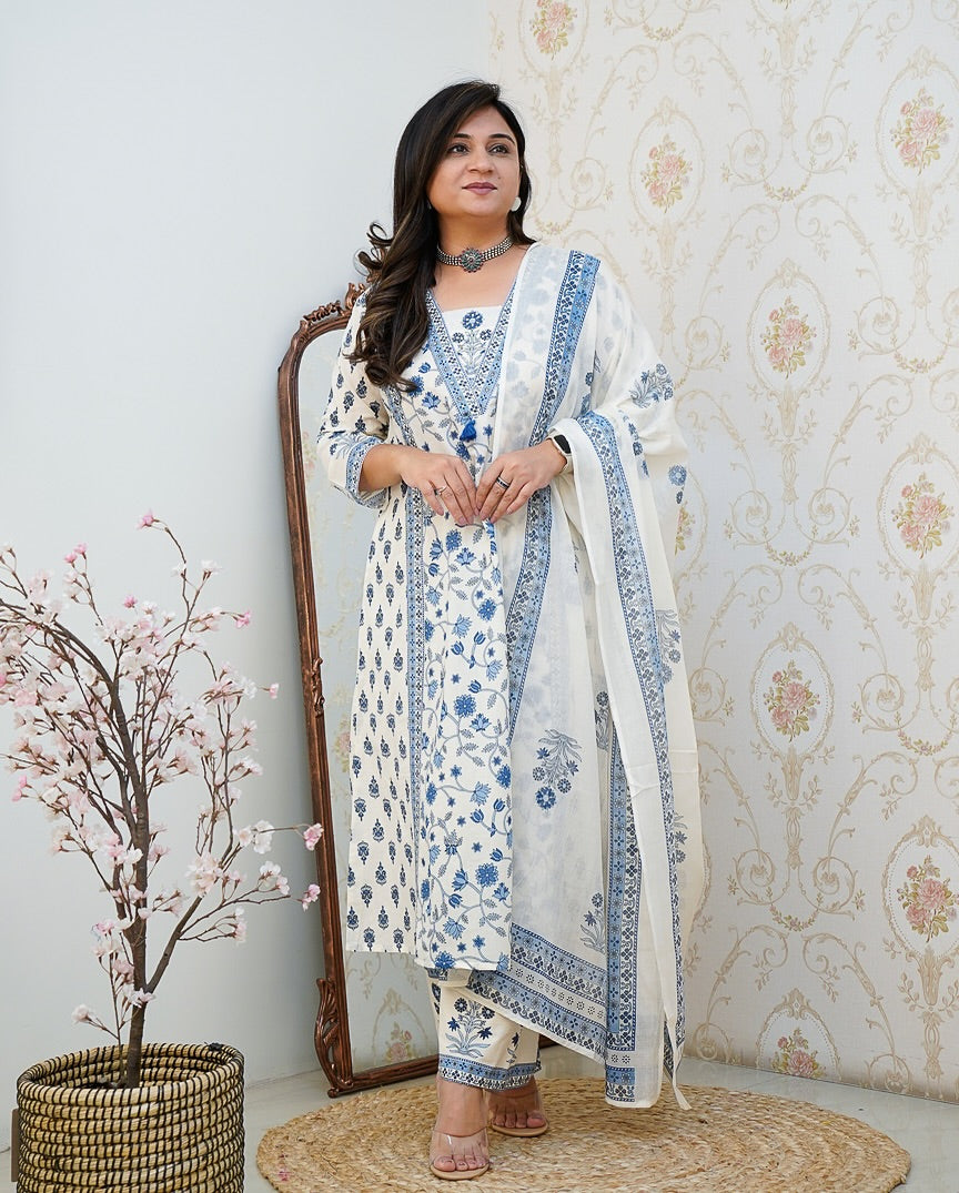 Blossom Handblock Print Suit Set with Dupatta