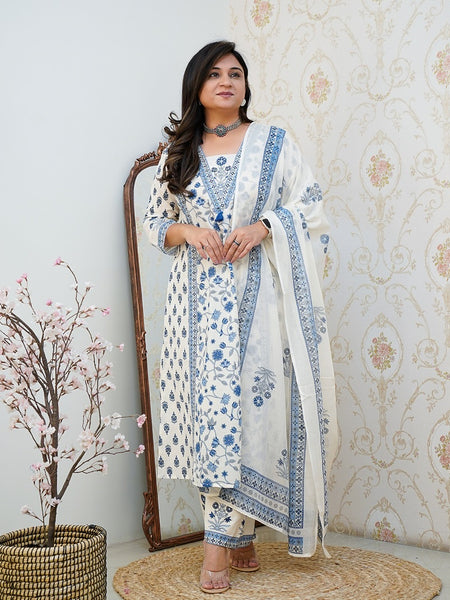 Blossom Handblock Print Suit Set with Dupatta