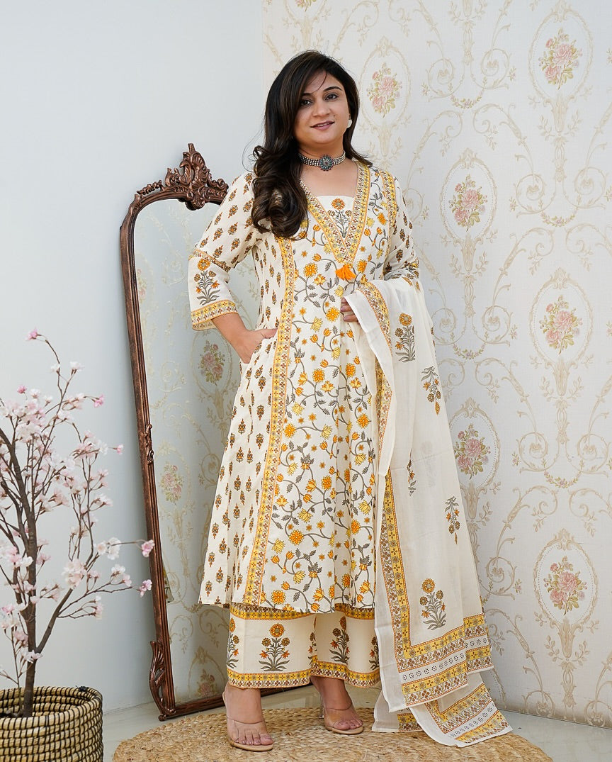 Saffron Garden Handblock Print Suit Set with Dupatta