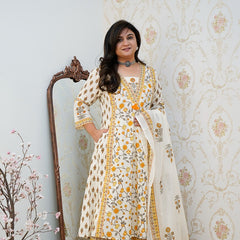 Saffron Garden Handblock Print Suit Set with Dupatta