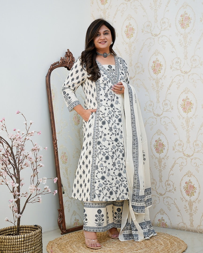 Ivory Noir Handblock Print Suit Set with Dupatta