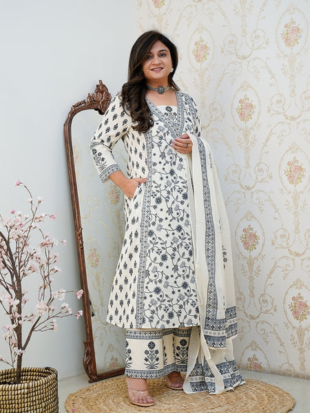 Ivory Noir Handblock Print Suit Set with Dupatta