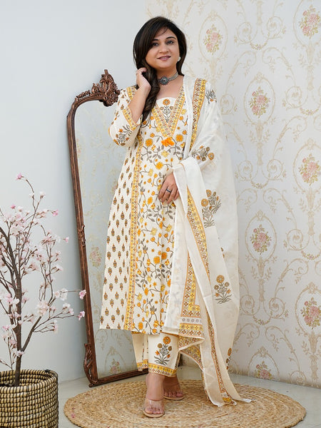 Saffron Garden Handblock Print Suit Set with Dupatta