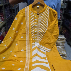 Mustard Chevron Handcrafted Suit Set with Dupatta