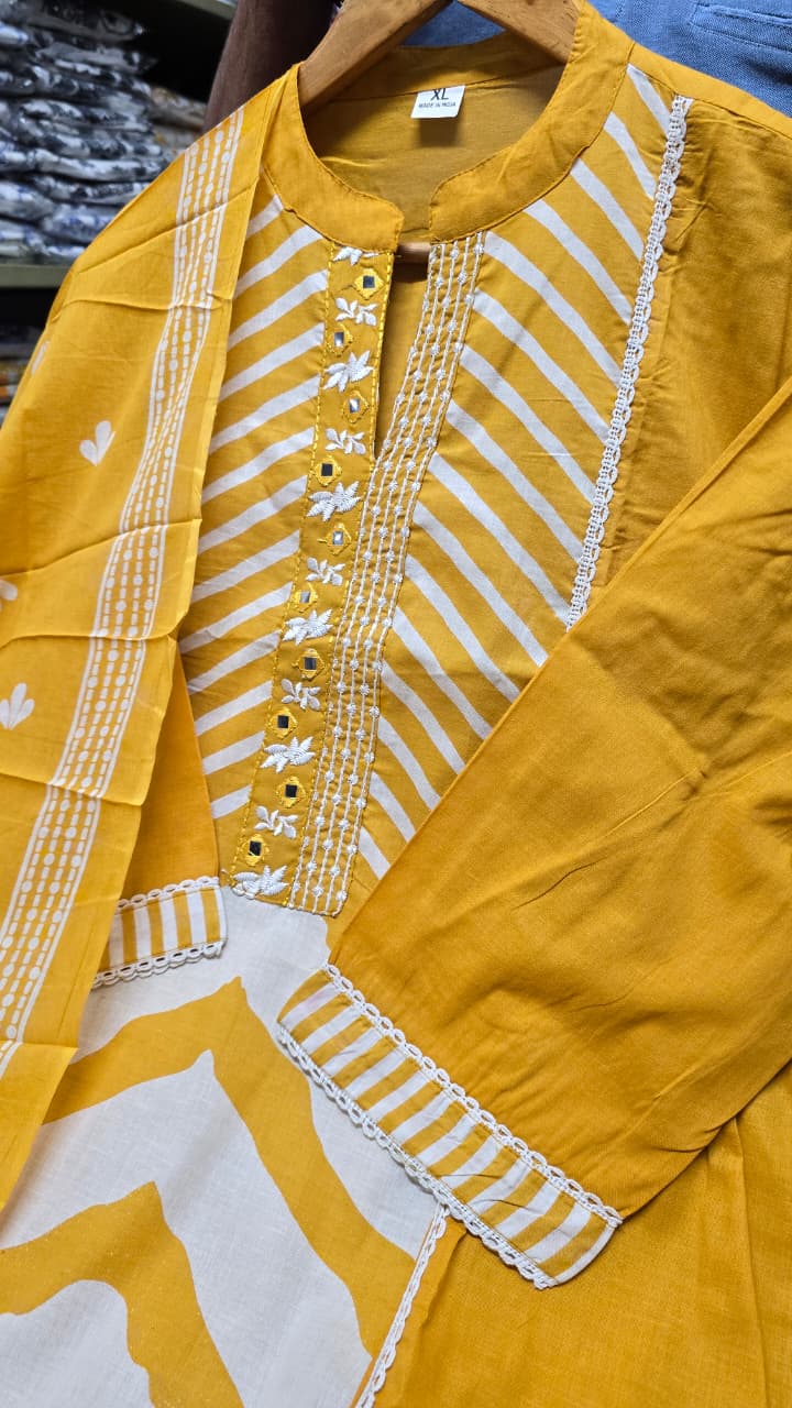 Mustard Chevron Handcrafted Suit Set with Dupatta