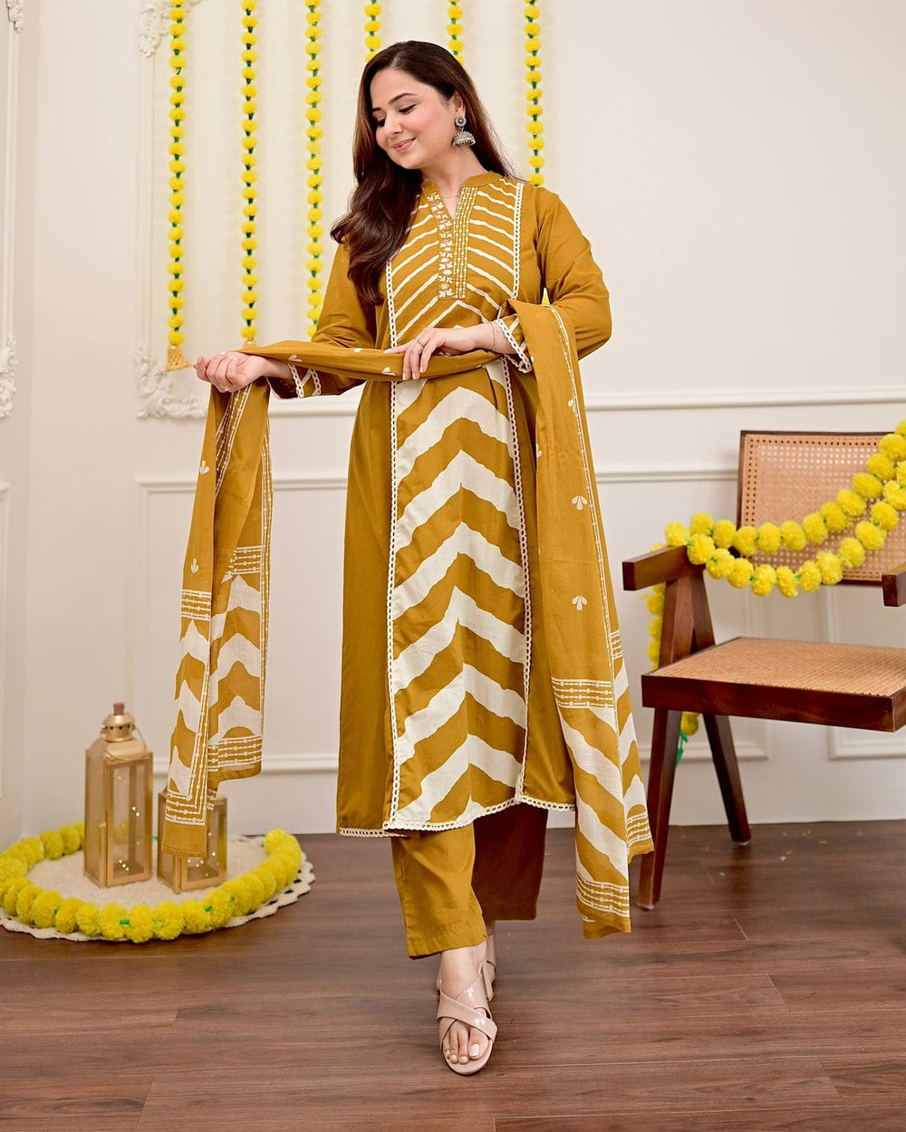 Mustard Chevron Handcrafted Suit Set with Dupatta