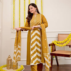 Mustard Chevron Handcrafted Suit Set with Dupatta