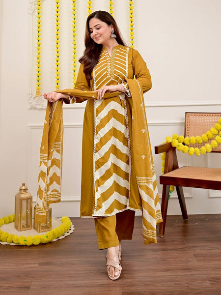 Mustard Chevron Handcrafted Suit Set with Dupatta