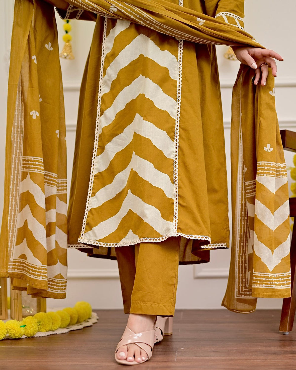 Mustard Chevron Handcrafted Suit Set with Dupatta