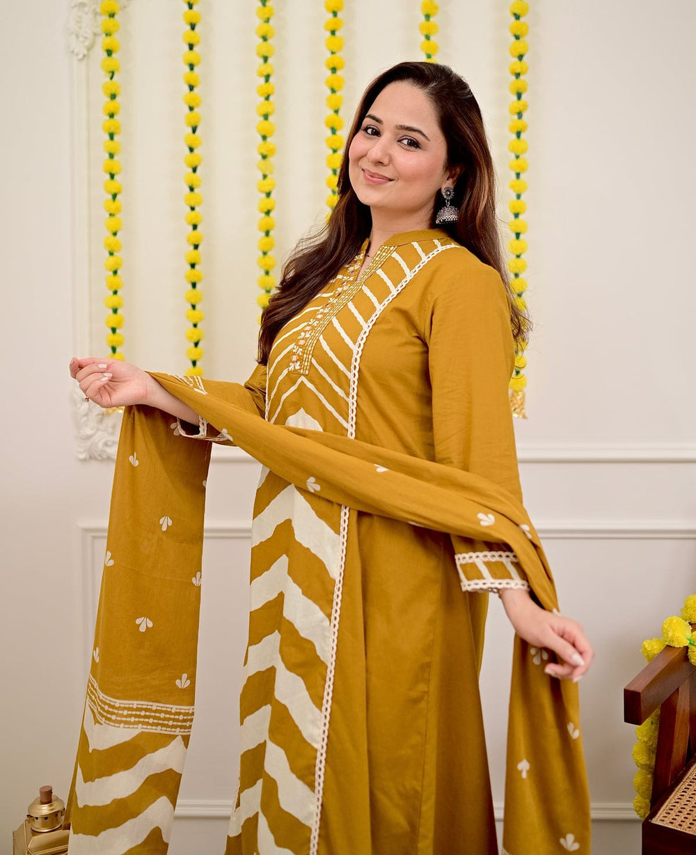 Mustard Chevron Handcrafted Suit Set with Dupatta