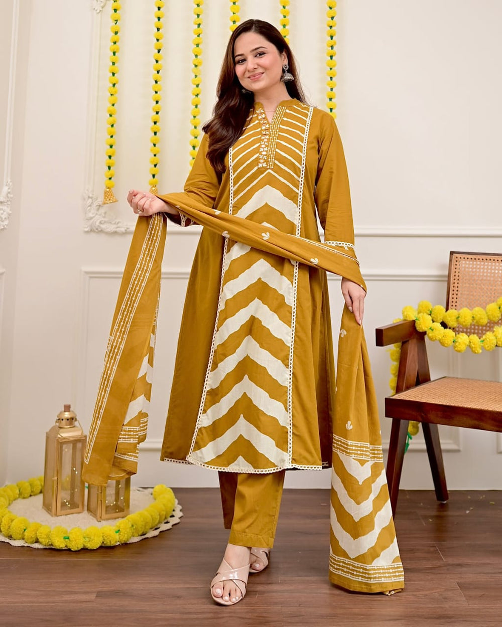Mustard Chevron Handcrafted Suit Set with Dupatta