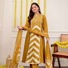 Mustard Chevron Handcrafted Suit Set with Dupatta