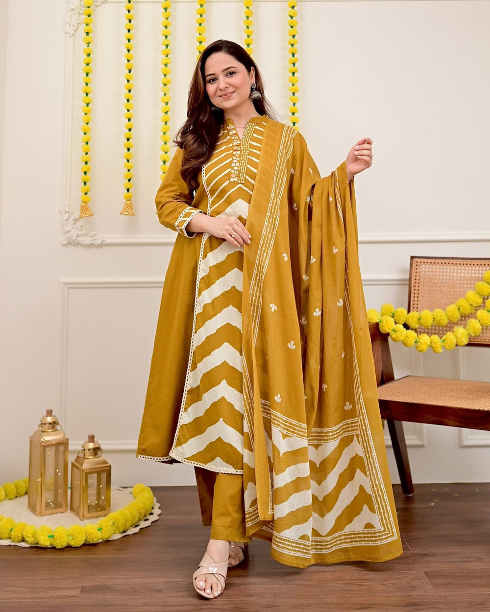 Mustard Chevron Handcrafted Suit Set with Dupatta