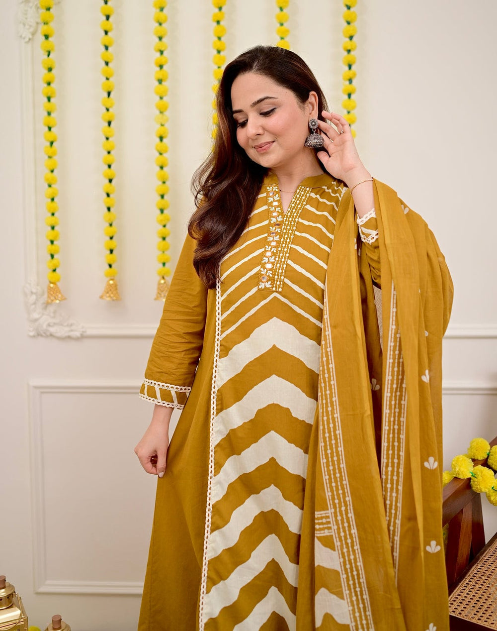 Mustard Chevron Handcrafted Suit Set with Dupatta