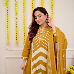 Mustard Chevron Handcrafted Suit Set with Dupatta