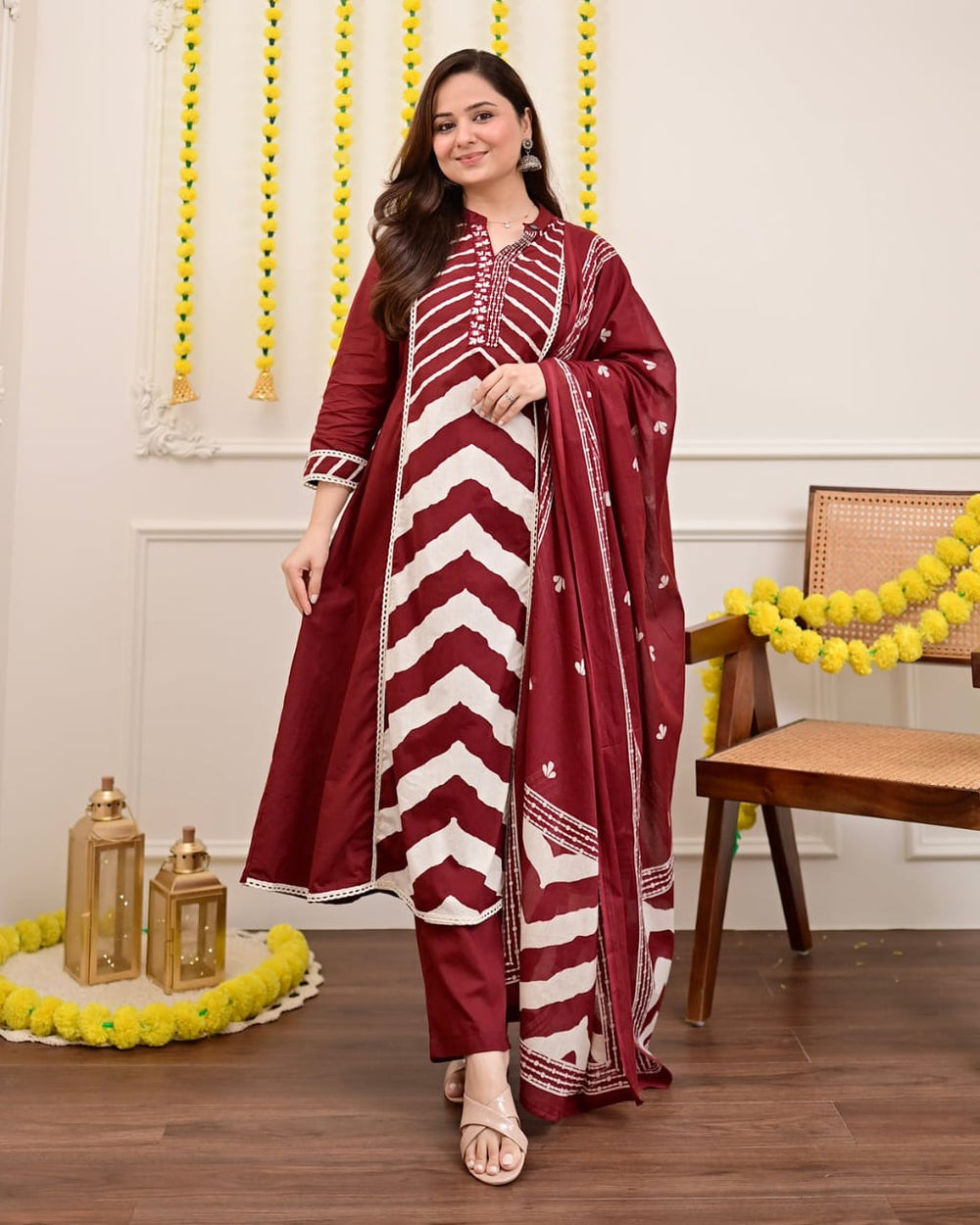 Maroon Chevron Elegance Suit Set with Dupatta