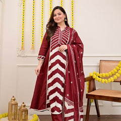 Maroon Chevron Elegance Suit Set with Dupatta