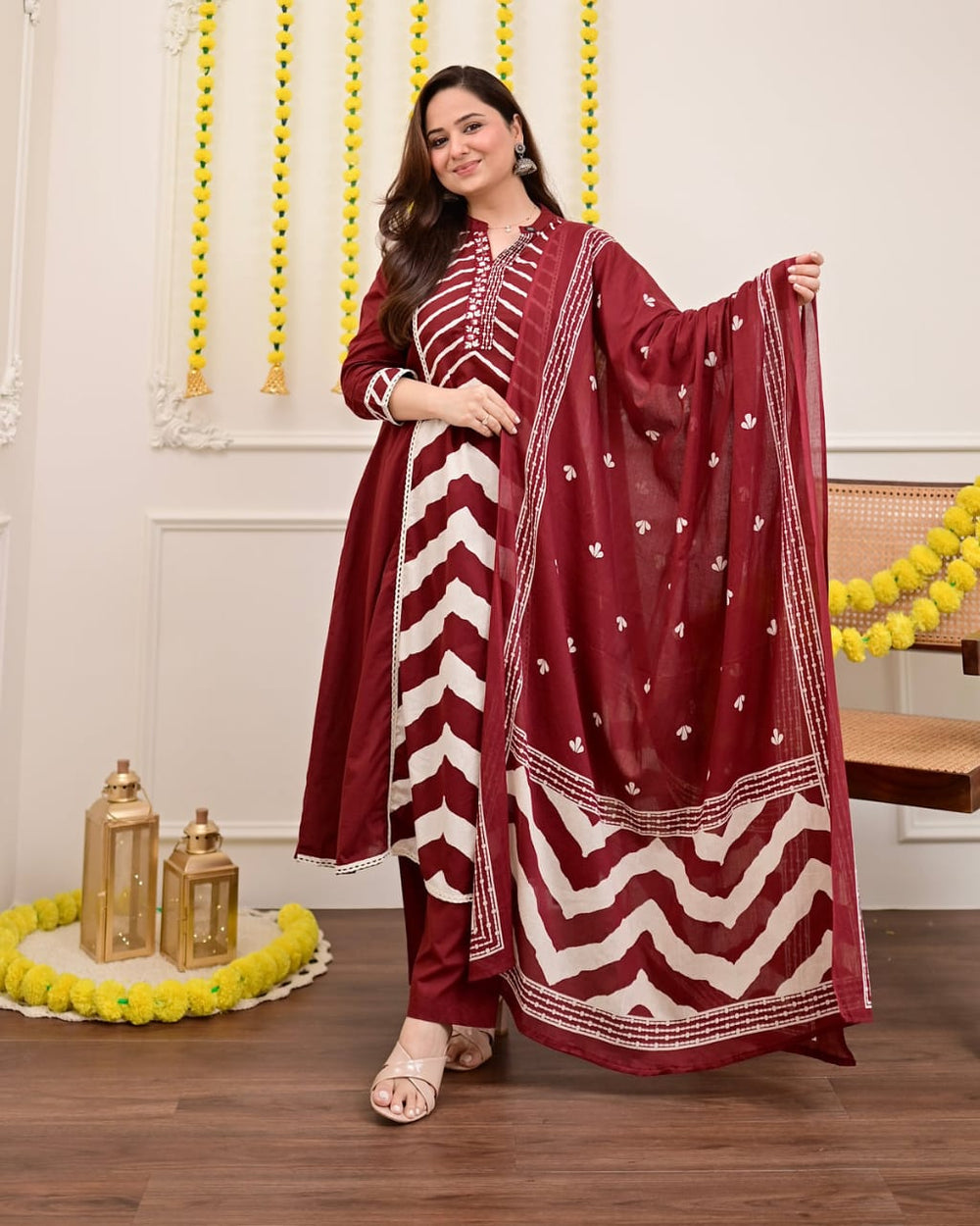 Maroon Chevron Elegance Suit Set with Dupatta