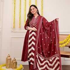 Maroon Chevron Elegance Suit Set with Dupatta