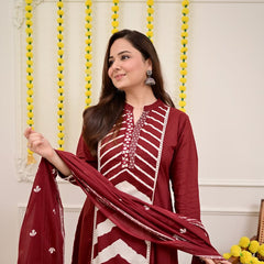 Maroon Chevron Elegance Suit Set with Dupatta