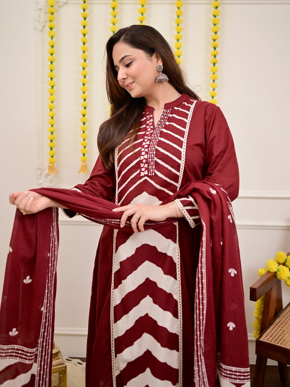 Maroon Chevron Elegance Suit Set with Dupatta