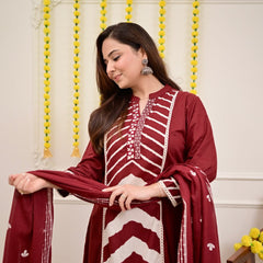 Maroon Chevron Elegance Suit Set with Dupatta
