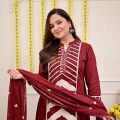 Maroon Chevron Elegance Suit Set with Dupatta