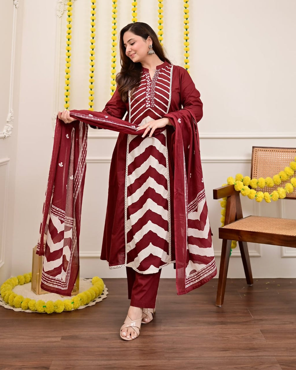 Maroon Chevron Elegance Suit Set with Dupatta