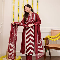 Maroon Chevron Elegance Suit Set with Dupatta