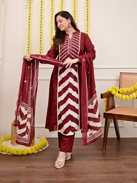 Maroon Chevron Elegance Suit Set with Dupatta