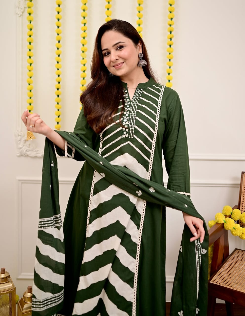 Forest Green Chevron Elegance Suit Set with Dupatta
