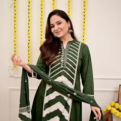 Forest Green Chevron Elegance Suit Set with Dupatta