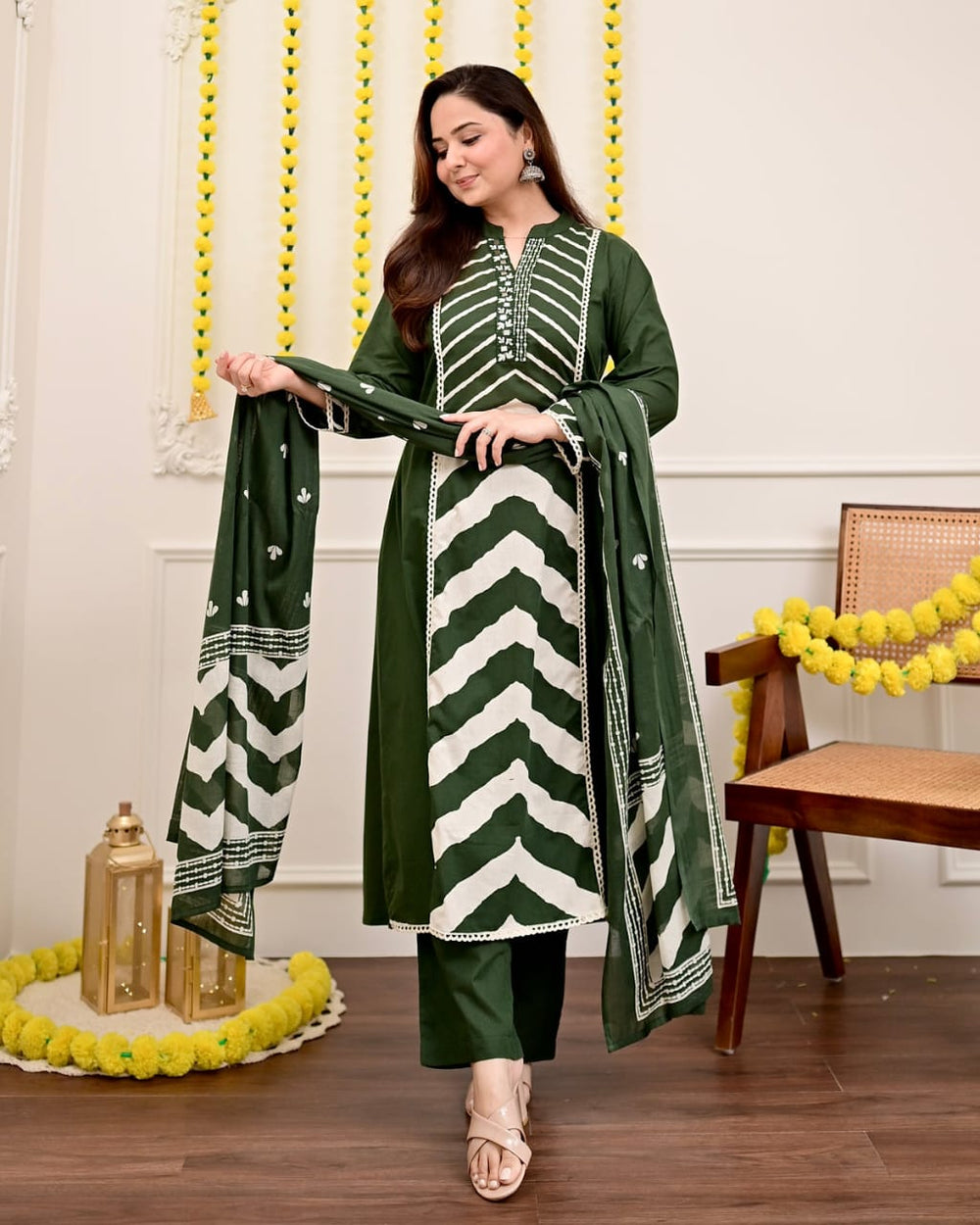 Forest Green Chevron Elegance Suit Set with Dupatta
