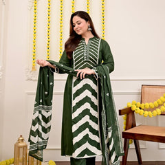 Forest Green Chevron Elegance Suit Set with Dupatta
