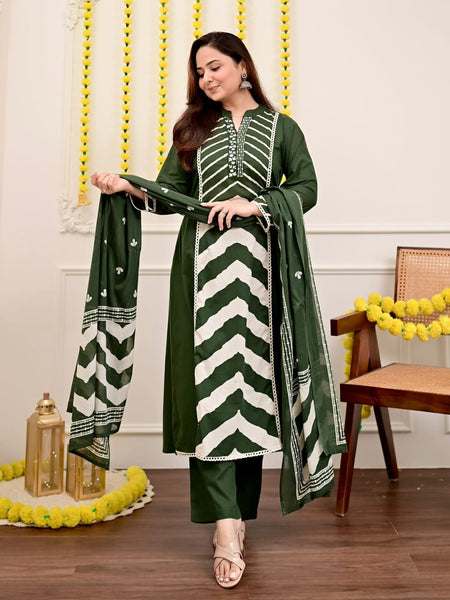 Forest Green Chevron Elegance Suit Set with Dupatta