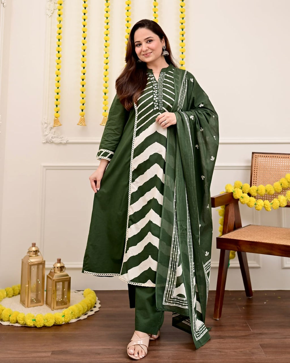 Forest Green Chevron Elegance Suit Set with Dupatta