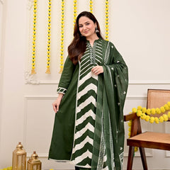 Forest Green Chevron Elegance Suit Set with Dupatta