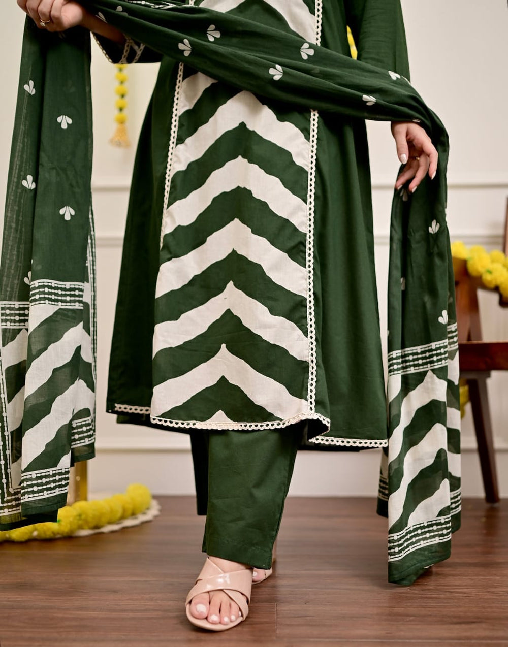 Forest Green Chevron Elegance Suit Set with Dupatta