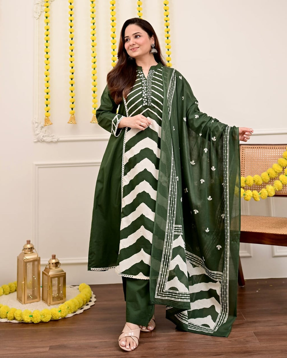 Forest Green Chevron Elegance Suit Set with Dupatta