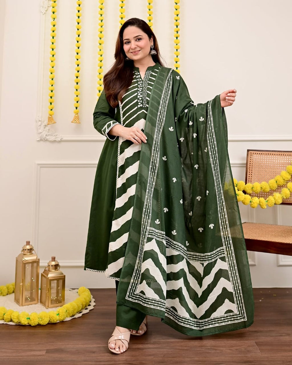 Forest Green Chevron Elegance Suit Set with Dupatta