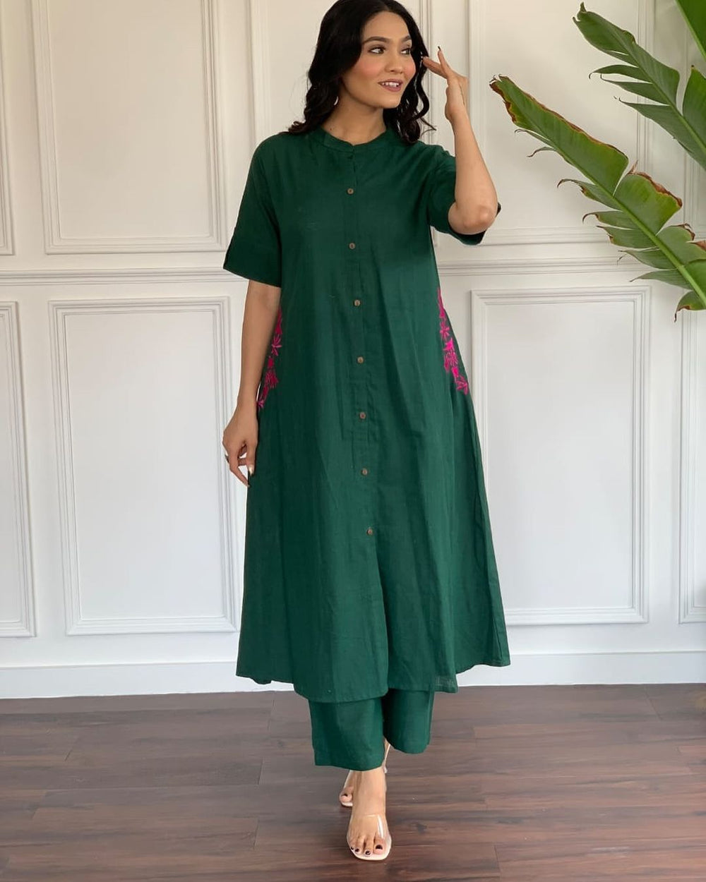 Emerald Fern Button-Down Kurta Set