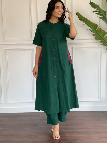 Emerald Fern Button-Down Kurta Set